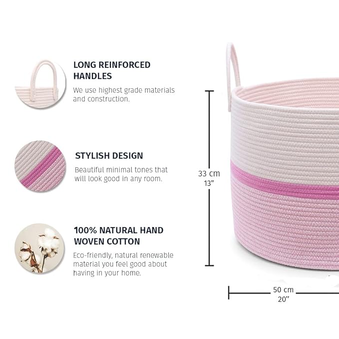 OrganiHaus Boho Woven Basket for Blankets and Laundry, Decorative Large Storage Bin for Living Room, Nursery Basket for Toys & Clothes, Soft Cotton Rope with Handles 20x13 inches - Striped Pink