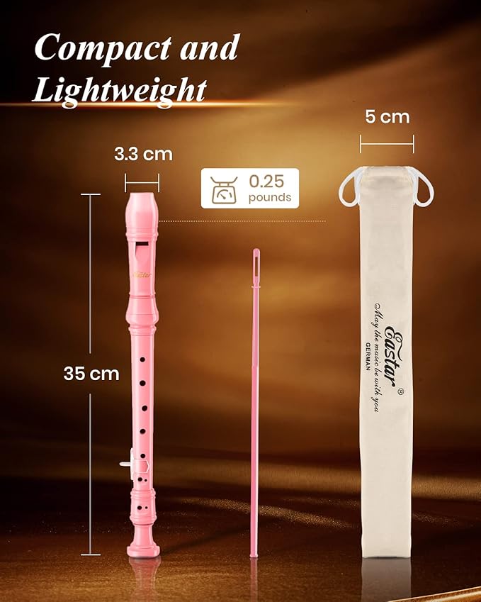 Eastar Soprano Recorder Instrument for Kids Beginners, German Fingering C Key with Cleaning Kit, Thumb Rest, Cotton Bag, Fingering Chart, ERS-21GP, Pink, School-Approved