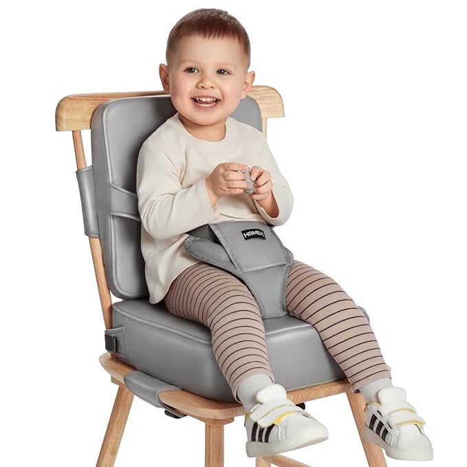 HOMEAL Toddler Booster Seat for Dining Table with Backrest and Adjustable Straps, Breathable Booster Seat for Kitchen Chair, Portable Non-Slip Bottom Booster Seat for Table, Light Grey