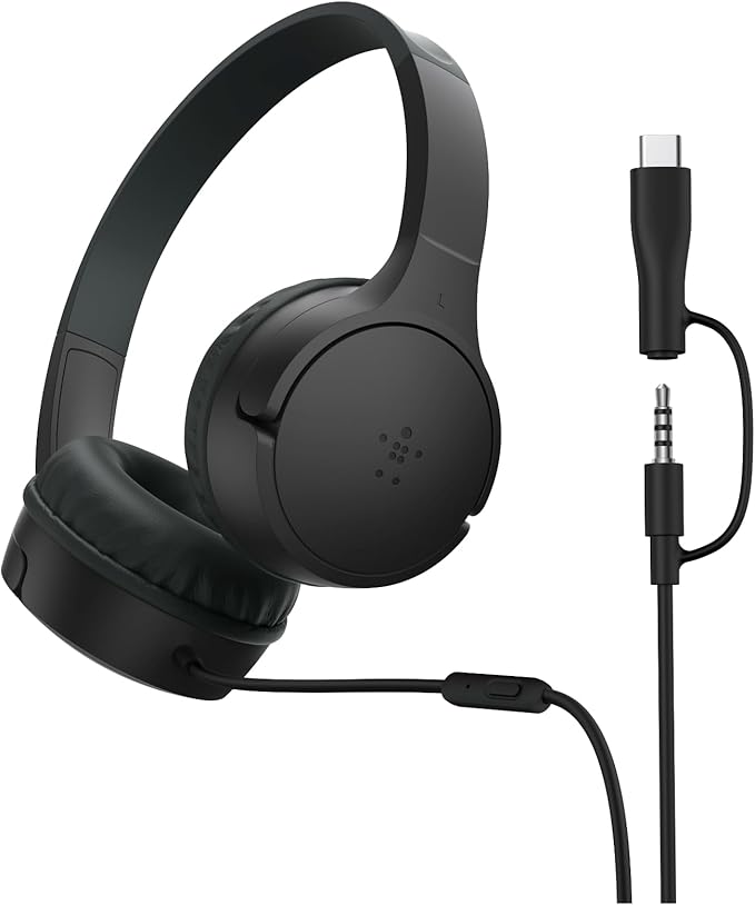 Belkin SoundForm Mini Kids Wired Headphones w/USB C to 3.5mm Dongle, Built-in Mic & Fun Stickers, 85dB Max Volume – for Online Learning, Travel, Compatible w/iPhone 16, iPad, Galaxy S25, etc - Black