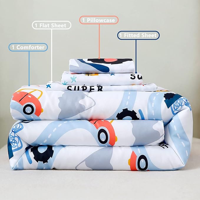 PERFEMET Comforter Set for Twin Bed Reversible Cars Pattern Bedding Set Soft Microfiber Bed in a Bag for Kids Boys Teens All Season Use(White, Twin)