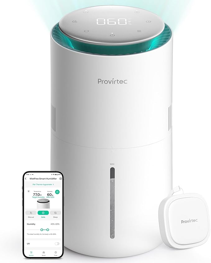 MistFree Smart Humidifier for Bedroom, Evaporative Humidifier No White Dust, Auto Humidity & APP Control, 3L Water Tank Easy to Clean, Sleep Mode, Timing, Humidifiers for Nursery/Baby(White)