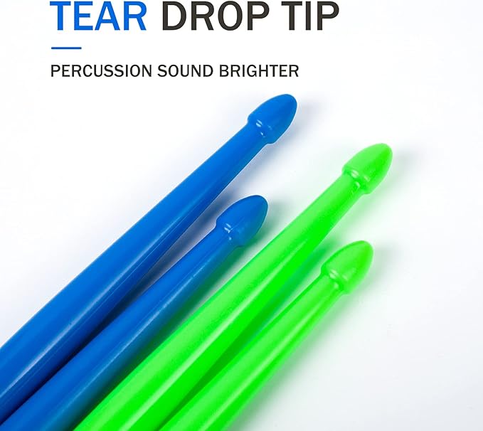 5A Nylon Drumsticks for Kids Adults: Light Durable Drum Sticks Blue Green with Anti-Slip Handles for Electronic Drums Exercise Percussion Accessories (2 Pairs)