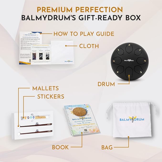 The Balmy Drum - 8 Note 6 Inch Steel Tongue Drum, Steel Drum Instrument, Drums For Children and Adults, Balmy Drum Set for Kids with Music Book, Handpan, Mallet and Carry Bag (Black)