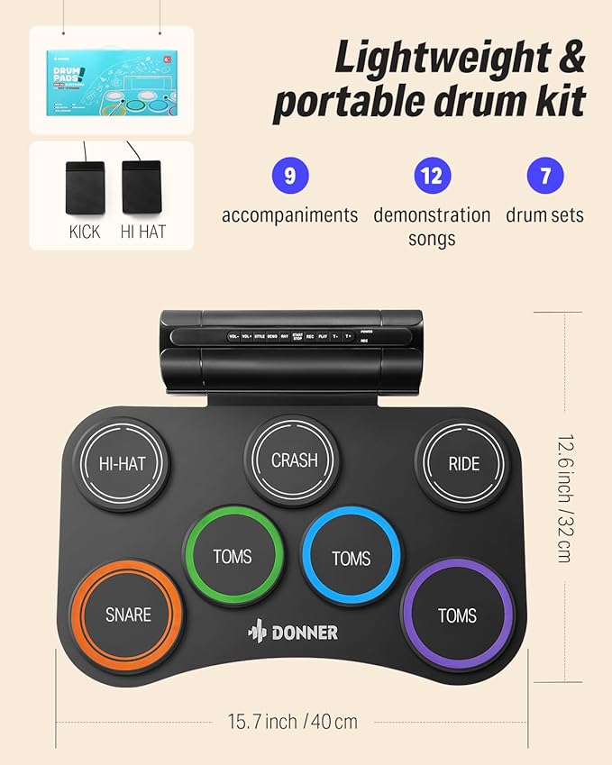 Donner Electric Drum Set Upgrated, 7 Pads Electronic Drum Pad Roll Up Quiet Drum Pad Built-in Speaker, 40 Lessons Included, Kids Holiday Christmas & Birthday Gift Instrument Toys(DED-20R) New