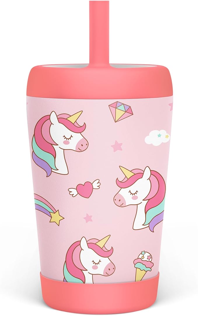 Kid Insulated Stainless Steel Tumbler with Silicone Straw, 12oz Sippy Cup for Kids (Dreamy Unicorn)