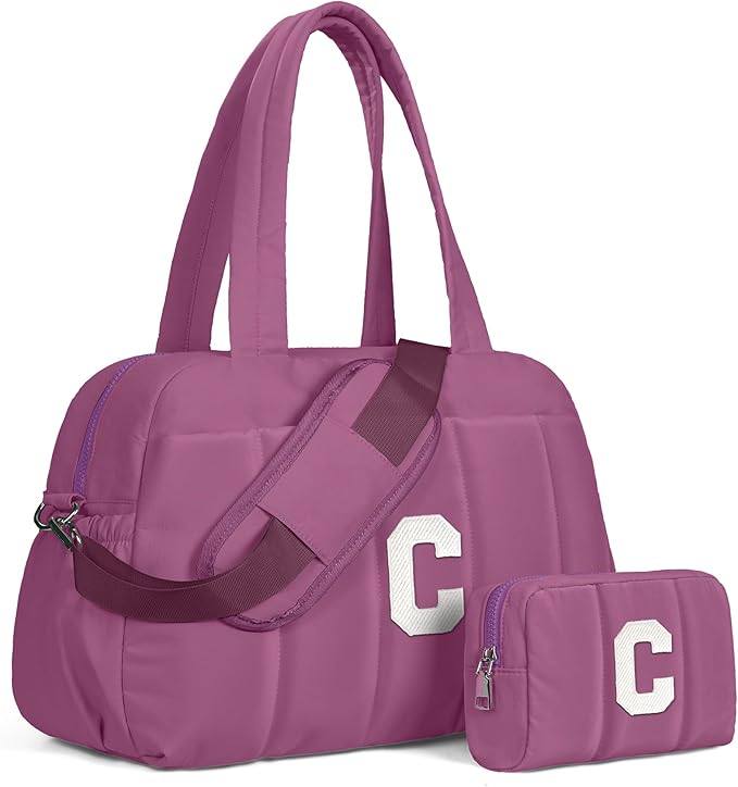 Duffle Bag with Initial, Spend The Night Bags for Women，Overnight Bag with Wet Pocket，Gifts for Women-Lightweight Travel Bags Personalized Gym Tote with Makeup Pouch