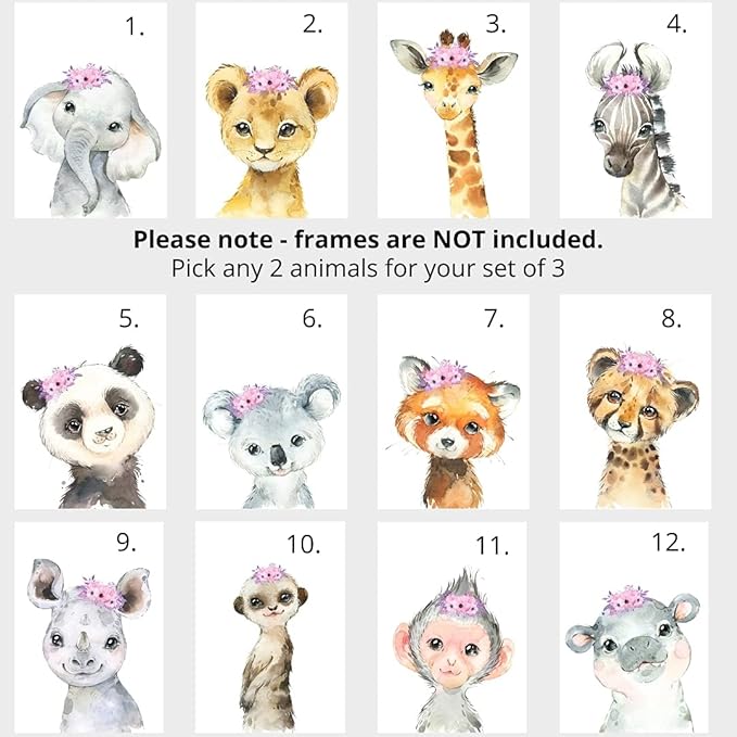 Personalized Safari Animals for Baby Girls Nursery, Set of 3 Unframed Poster Prints, Personalized Name Pink Lilac Floral, Girls Bedroom Decor, Elephant Giraffe (11x14)