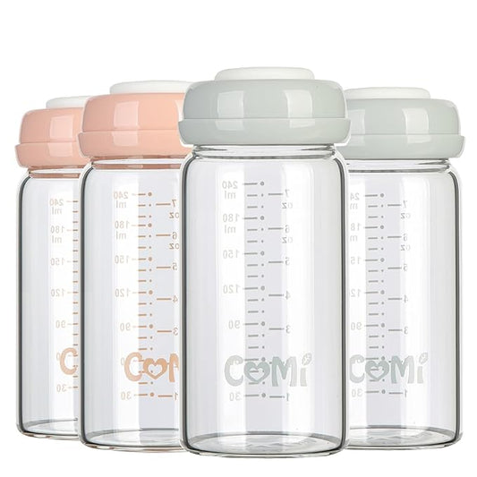 COMI Wide Neck Glass Breastmilk Collection n Storage Bottle, 4 Packs, 8oz with Screw Ring Sealing Disk; Re-markable Sealing Disc. BPA Free, Fits Breast Pumps & Nipples (2 Gray Lids + 2 Pink Lids)