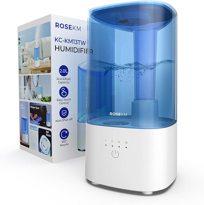 Cool Mist Humidifiers for Bedroom, 2.0L Small Humidifier for Baby and Plant, Last Up to 10H on Max Mist Setting, Auto Shut-Off, Auto-Off Indicator, 360° Nozzle