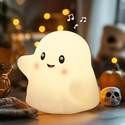 Ghost Night Light for Kids, Silicone Nursery Nightlight with 13 Interactive Sound Effects ,Halloween Decor Lamp Adjustable Dimmable Lamp with Touch Sensor Children's Christmas Gifts (white ghost)