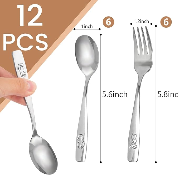 HAKSEN Stainless Steel Toddler Utensils Set, 12PCS Kids Safe Forks and Spoons with Bunny and Puppy Motifs, Mirror Polished & Dishwasher Safe
