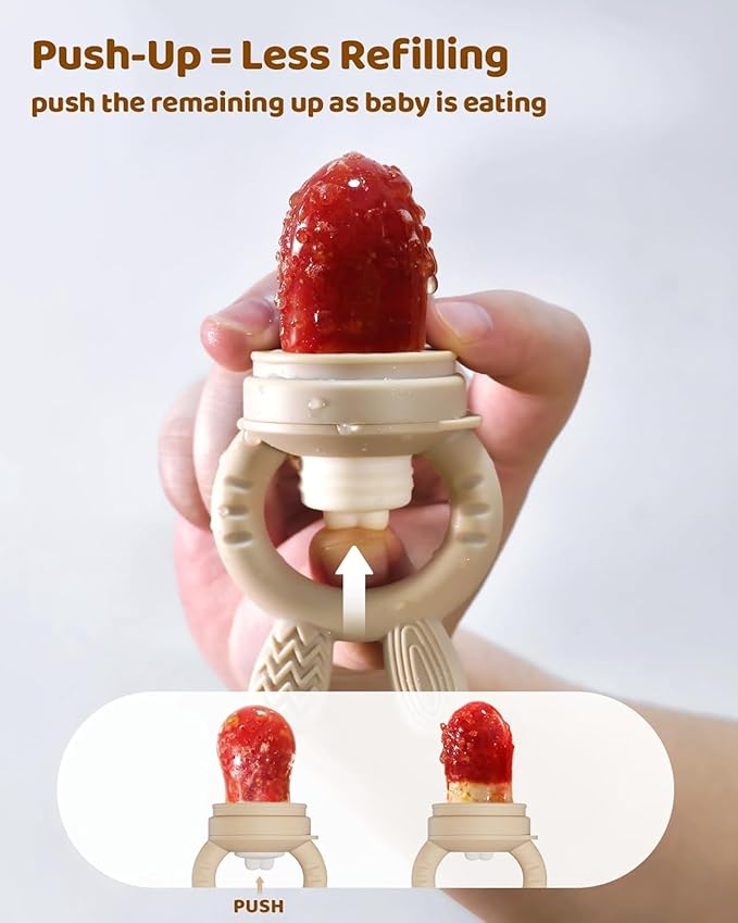 2 Packs Baby Fruit Feeder & Freezer Nibble Tray Combo, Push Pop Baby Food Feeder to Safely Introduce New Foods, Fresh & Frozen Food Silicone Feeder, 100% Food Grade, BPA Free (Caramel & Blue)
