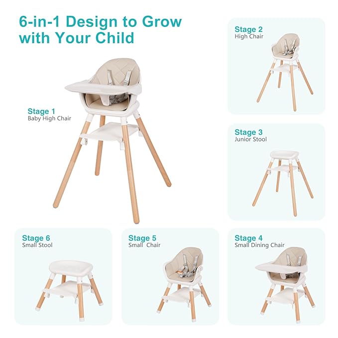 Baby High Chair, 6 in 1 Wooden Convertible High Chairs for Babies and Toddlers, Booster Seat with Double Tray & Reversible Footrest Baby Highchair, 5-Point Harness Baby Feeding Chair, Beige