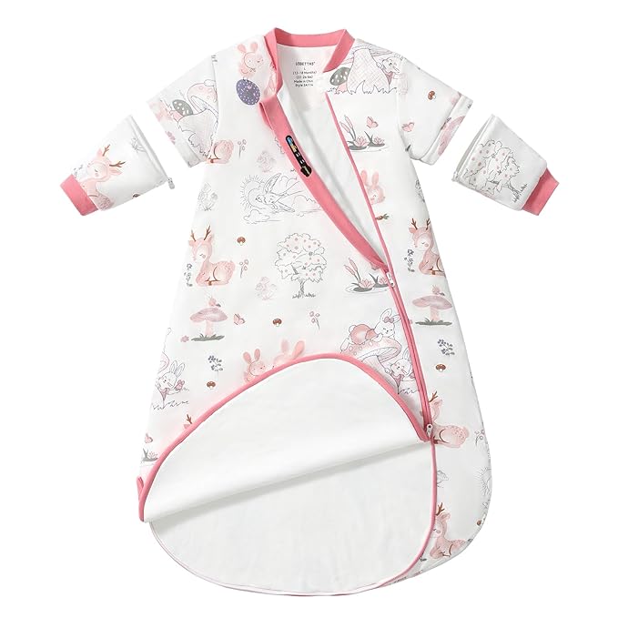Baby Sleep Sack 12-18 Months, Cotton Detachable Long Sleeve Sleep Sack, 2.5 Tog Toddler Sleeping Sack with Temperature Strips, 2-Way Zipper Wearable Blankets for Newborns, Bunny