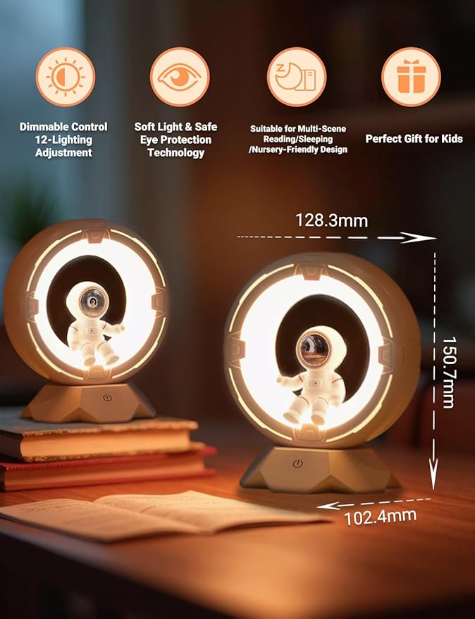 Night Light Kids, Astronaut Space Night Light Lamp with 9-Level Cold Warm Light Rechargeable Dimmable Tap Touch Nightlight for Kids Children Toddler Bedroom Bedside Livingroom Desktop