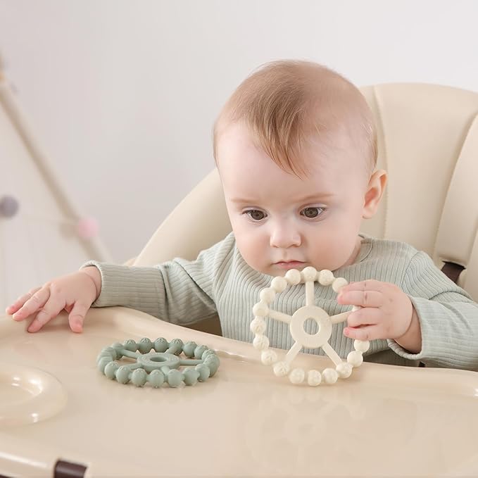 3 Pack Ring Teether Baby Infant Toys, Baby Essentials, Silicone Teething Ring Toys for Babies 0-6 Months, Seposeve Toddler Teethers 6-12 Months 12-24 Months, Infant Teething Relief, Green Blue White