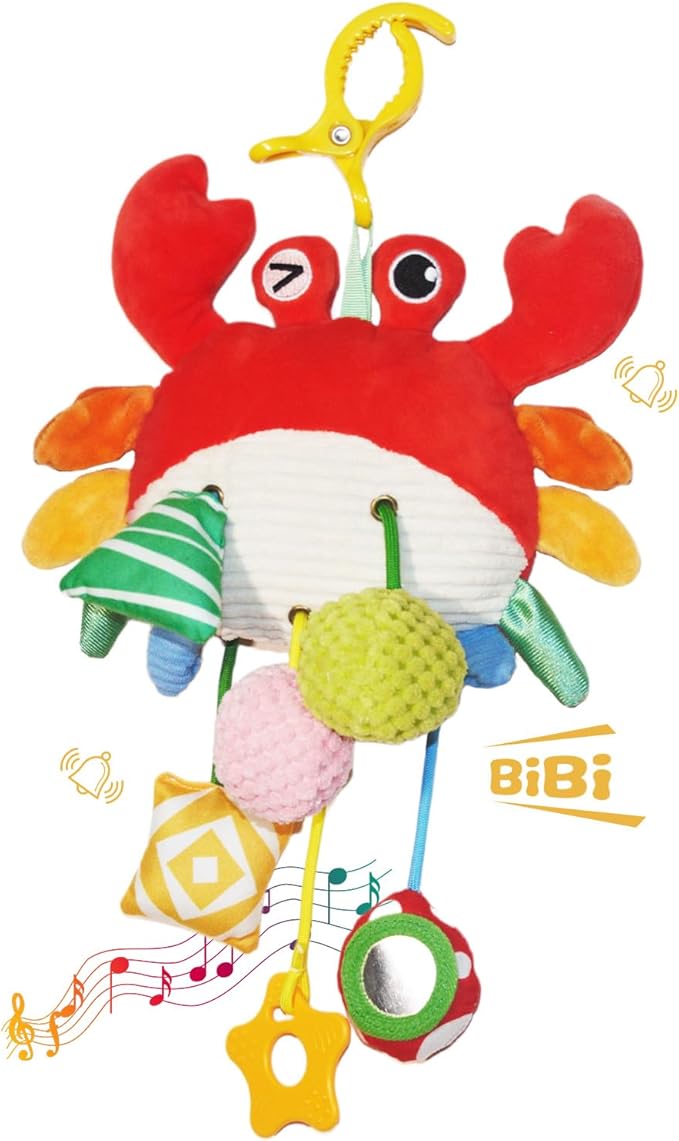 Red Crab Baby Toy - Clip-On Hanging Sensory Toy for Car Seat, Stroller, Gym with Squeaker, Crinkle, Rattle, Mirror & Teether | Soft Plush 0-12 Months Infant Developmental Toy for Tummy Time (Red)