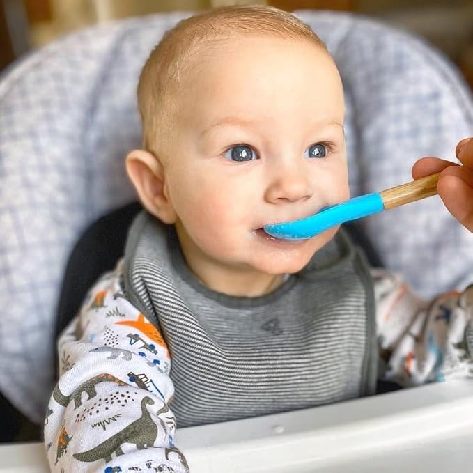 Avanchy Bamboo & Silicone Infant Training Spoons, BPA Free - Soft Tip, Easy on Gums, First Stage Feeding Utensils for Baby-Led Weaning, Self-Feeding, Black