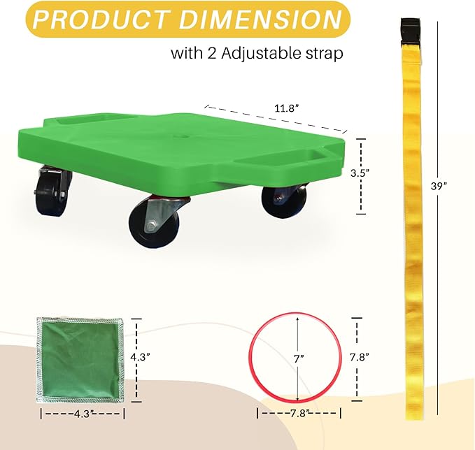 2 Plastic Scooter Boards with Handles for Kids Sitting and Sports Training, with 1 Ring, 2 Ropes and 4 Beanbags, Indoor and Outdoor Play
