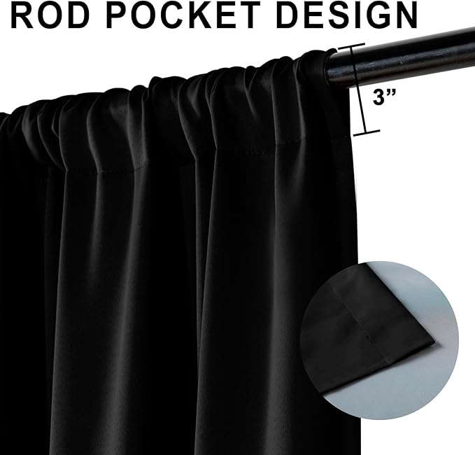 XWZO 100% Blackout Curtain Panels - Extra Wide Thermal Insulated Black Liner, Noise Reducing and Heat Blocking Rod Pocket Drapes for Hall and Studio Windows with Tiebacks, Black, W70 x L63, Set of 2