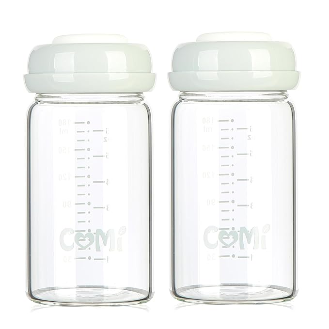 COMI Wide Neck Glass Breastmilk Collection n Storage Bottle, 6oz with Screw Ring Sealing Disk; Re-markable Sealing Disc. BPA Free, Fits Breast Pumps & Nipples (2 Pack Gray Lids)