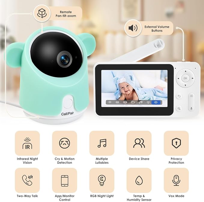 Baby Monitor with Camera and Audio, 1080P Baby Camera Monitor WiFi Smartphone App Control Night Vision 4.3” Screen 2-Way Talk Temperature & Humidity Sensor Lullabies Motion & Cry Detection iOS/Android