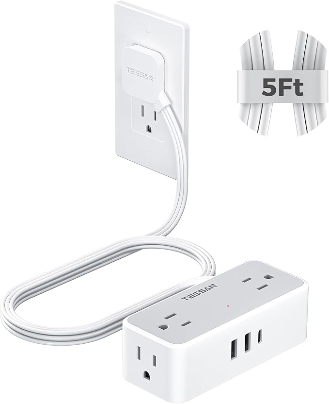 Flat Plug Extension Cord 5 FT, TESSAN Surge Protector Power Strip with 4 AC Outlets 1 USB C and 2 USB A Ports, 900 Joules Protection, Multiple Wall Outlet Extender Suitable for Home Office Dorm