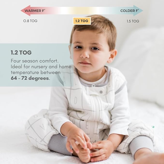 Tealbee Dreamsuit: Toddler Sleep Sack with Feet 12-18 months, 18-24 months - 1.2 TOG All Season Baby Wearable Blanket for Walkers - Rayon made from Bamboo, Organic Cotton Sleep Bag (12m-2T) - Alphabet