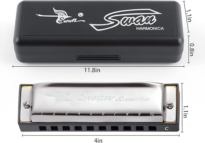SWAN Blues Harmonica C Key for Kids Adults, 10 Hole Diatonic Harmonica Key of C, Metal Blues Harp for Beginners Students, Mouth Organ in Case, Silver