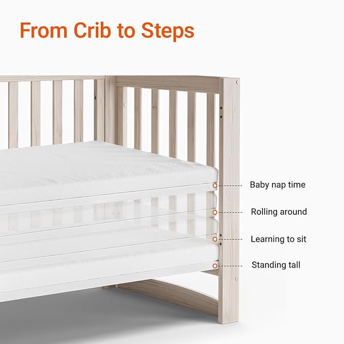 EvoNest Baby Crib, 6 in 1 Convertible Mini Crib with Wheels, 100% New Zealand Solid Wood Growing Bed, 4 Adjustable Mattress Height，Washed Natural