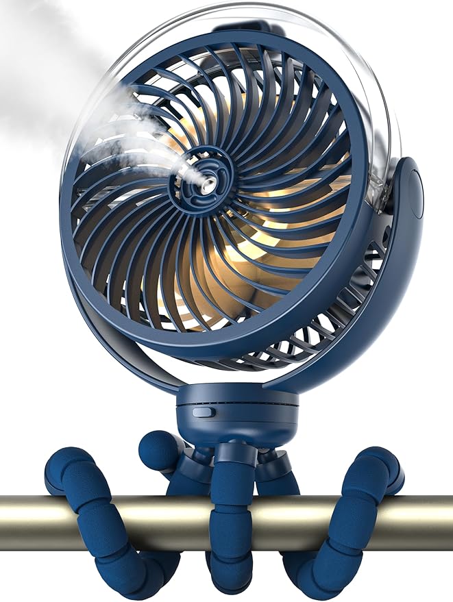 Misting Stroller Fan, 6000mAh Battery Operated Portable Fan with Light & 360° Pivoting, Personal Cooling Fans with Flexible Tripod for Baby, Office, Travel,Treadmill,Outdoors (Dark Blue)