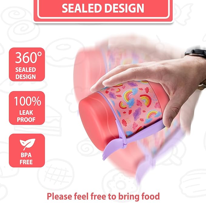 10oz Soup Thermo for Hot Food Kids,Lunch Thermo Kids Food Jar with Spoon Hot Insulated Food Containers,Leak Proof Stainless Steel Wide Mouth Lunch Food Thermo Jar for School(Pink-Rainbow)