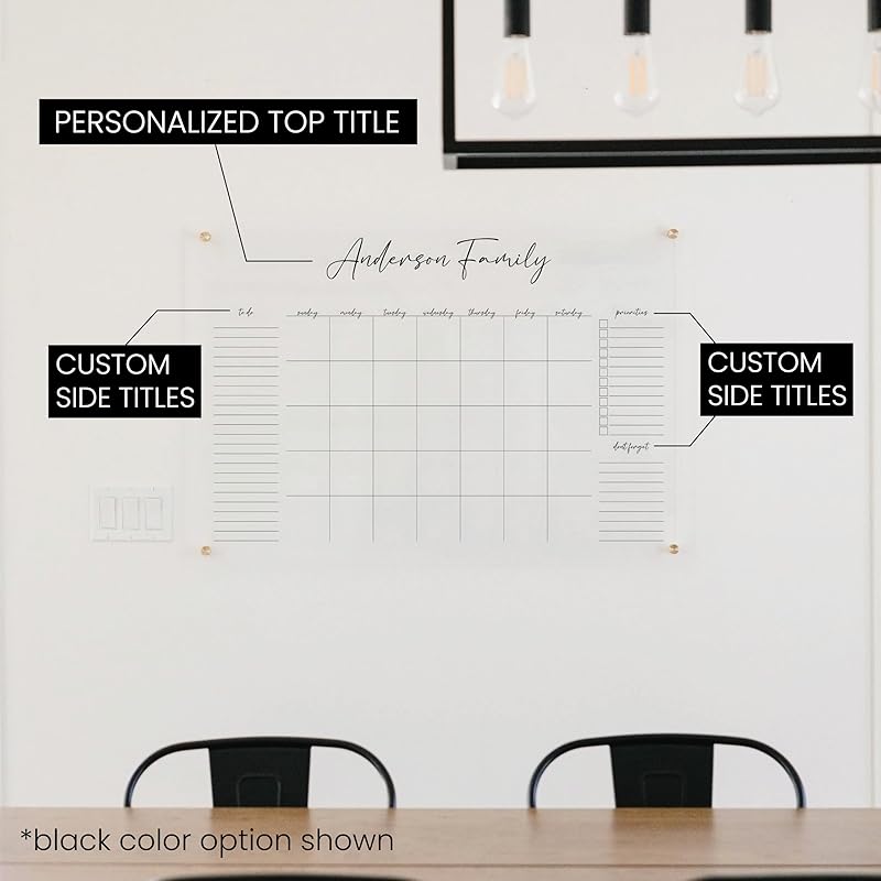 Personalized Clear Acrylic Calendar for Wall, Calendar Whiteboard for Wall, Dry Erase Wall Calendar, Wall Calendar Organizer System for Home (Cursive, Jade, 38"W x 26"H)