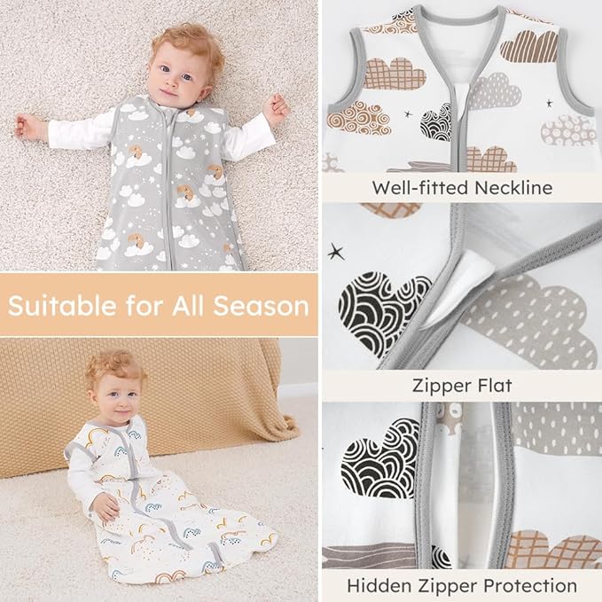 Yoofoss Baby Sleep Sack 6-12 Months Wearable Blanket for Babies 100% Organic Cotton 2-Way Zipper TOG 0.5 Toddler Sleeping Sack 3 Pack, Comfy Lightweight Sleep Sacks