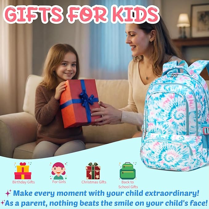 BLUEFAIRY Kids Backpack for Girls Elementary Primary Middle School Bags for Aged 8-10 for Teens Childs Bookbags Back to School Book Bags Mochilas para Niñas de 6 7 8 9 10 Años Tie-dye Blue