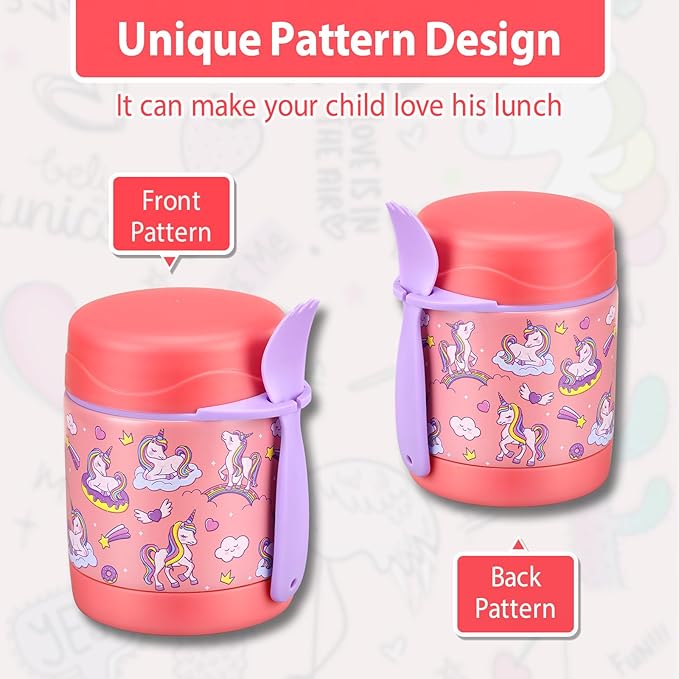 10oz Soup Thermo for Hot Food Kids,Lunch Thermo Kids Food Jar with Spoon Hot Insulated Food Containers,Leak Proof Stainless Steel Wide Mouth Lunch Food Thermo Jar for School(Pink-Unique Horse)