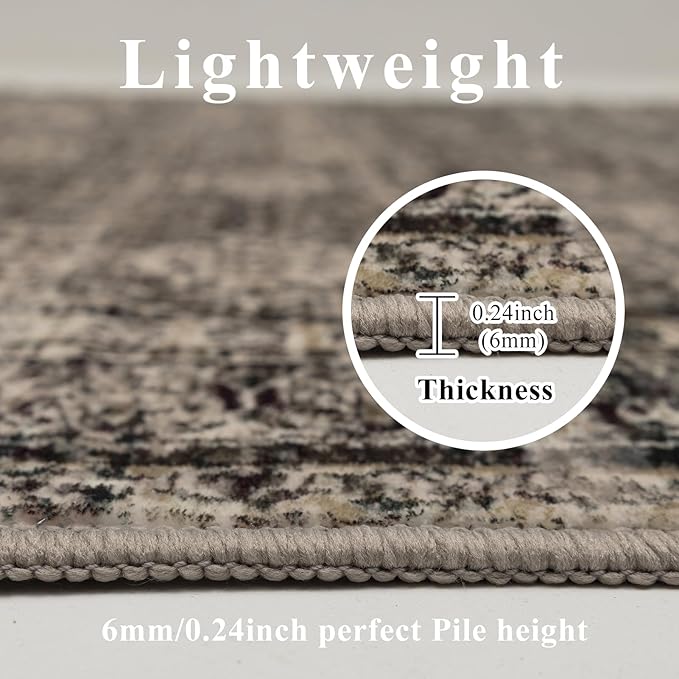 Washable Rugs 5x7 Area Rugs for Living Room, Thin Carpet for Bedroom, Soft Faux Wool Retro Dining Room Rug，Non Slip&Non-Shedding Resistant Low Pile Vintage Print Rug for Home Office (Brown)