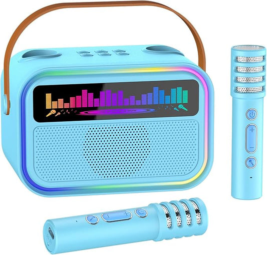 Karaoke Machine for Kids Adults, Birthday Gifts Toys for Girls Boys Age 3-12+,Mini Portable Bluetooth Singing Speaker with 2 Wireless Microphones & LED Lights (Blue)