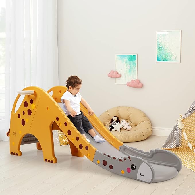 BABY JOY Toddler Slide, Kids Large Slide Play Climber Set with Long Slipping Slope, Basketball Hoop and Ball, Enclosed Steps, Easy Assemble Indoor Outdoor Backyard Freestanding Slides for Kids Age 1-8