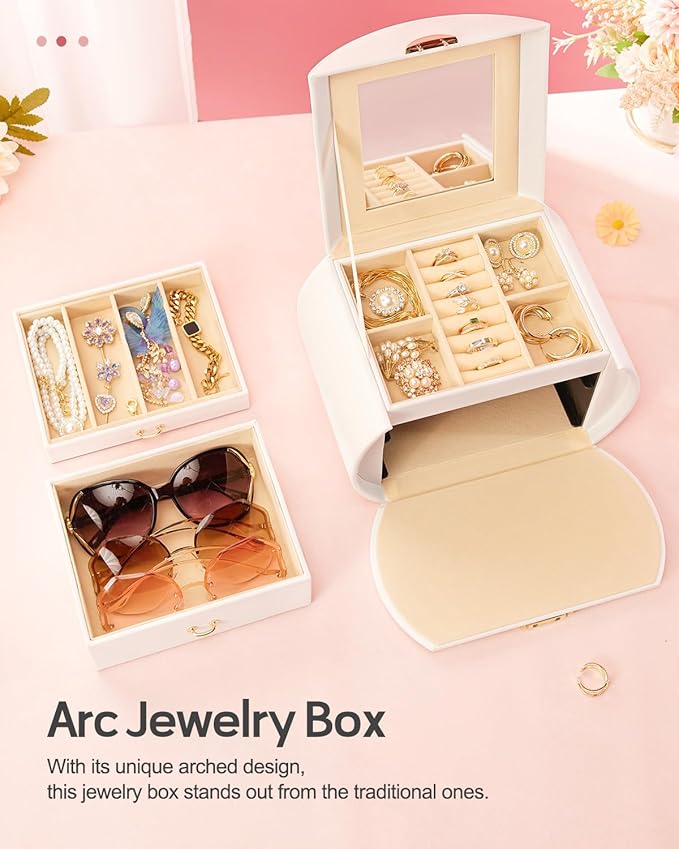 Homde Girls Jewelry Box Jewelry Storage Case Organizer with Mirror for Rings, Earrings, Bracelets, Necklaces (White + Gold)