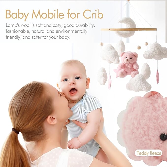 EERKEOD Baby Crib Mobile Bear Nursery Mobile for Boys Girls Teddy Velvet Mobile Nursery Decor for Infant Bedroom Hanging Baby Mobile for Bassinet Newborn Baby Gift（Pink Bear）