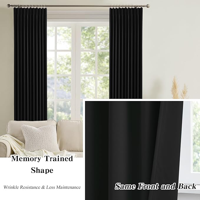 KEQIAOSUOCAI 80 Inch Wide Black Pinch Pleated Curtains 80 x 120, Thermal Insulated Noise Cancelling Living Room Office Drapes 120 Inches Long, Patio Sliding Glass Door Window Curtain 2 Panels