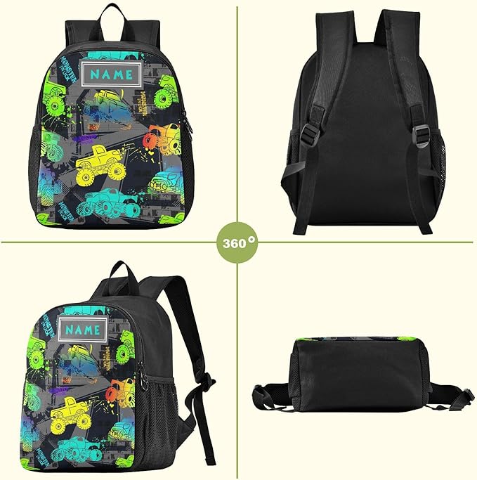 Colorful Monster Truck Toddler Backpack Waterproof Mini Backpack with Name/Text Preschool Backpack Cute Small Backpack Kindergarten Pre School Bags 13 Inch