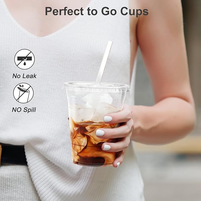 100 Pack - 16 oz Clear Plastic Cups with Lids and Straws, Sturdy & Food Safe Iced Coffee Cups with lids, Disposable Plastic Smoothie Cups for Cold Drinks