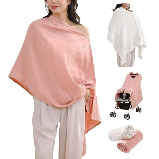2-Pack Nursing Covers for Breastfeeding, 100% Organic Cotton Muslin Breastfeeding Cover, Multi-Use Nursing Scarf, Car Seat Canopy, Stroller Cover, Soft Breathable Baby Blanket Pink