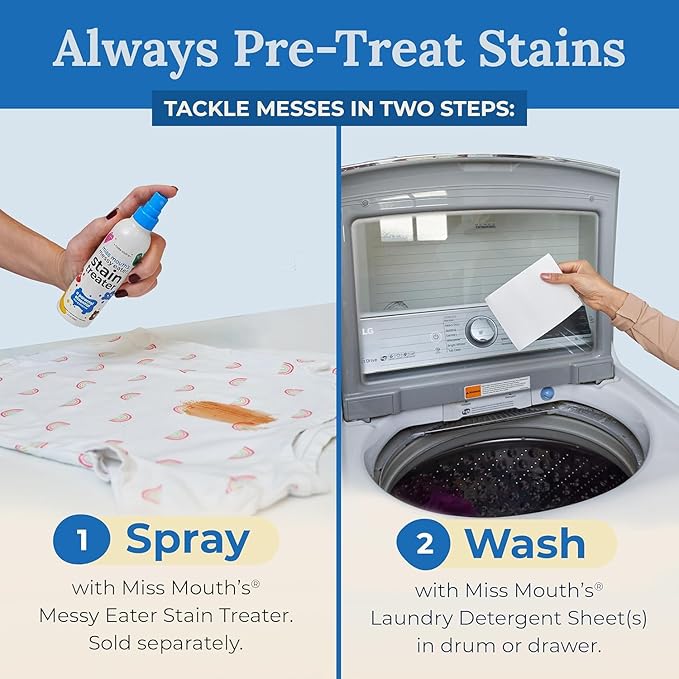 Miss Mouth's Messy Eater Laundry Detergent Sheets - Laundry Detergent, Hypoallergenic, Sensitive Skin Safe, Pediatrician and Dermatologist Tested, Fragrance Free, Travel Friendly, 120 loads