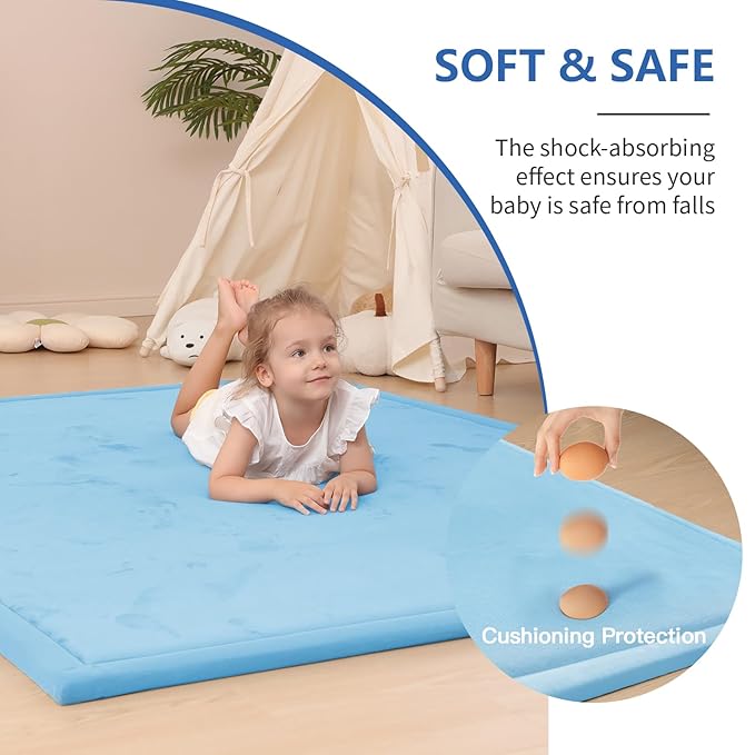 Baby Play Mat for Floor,1.3" Thick Memory foam Tummy Time Mat,Water Repellent Soft Velvet Nursery Rug,Extra Large Non Slip for Crawling,Toddlers,Infants,kids,Tatami Style for Living Room(Light Blue)