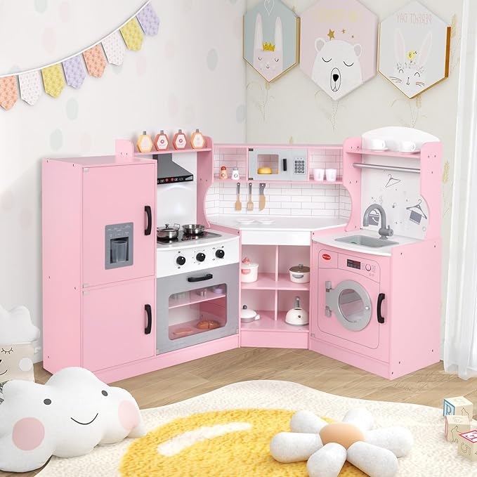 Costzon Corner Kids Kitchen Playset, Wooden Play Kitchen with Sounds & Lights, Washing Machine, Range Hood, Ice Maker, Microwave, Oven, Sink, Pretend Toy Kitchen Set for Toddler, Gift for Boys Girls