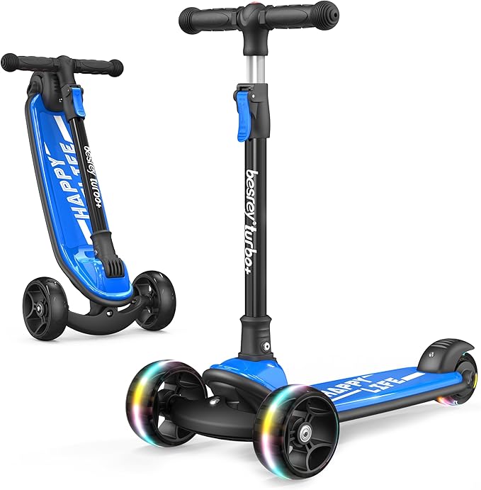Besrey Kick Scooter for Kids Ages 3-10, 3-Wheel Folding Scooter with Adjustable Height, LED Light Wheels, Extra Wide Deck for Outdoor Activities